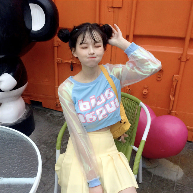Harajuku Kawaii Patchwork Letter Laser Sleeves Ulzzang Shirt
