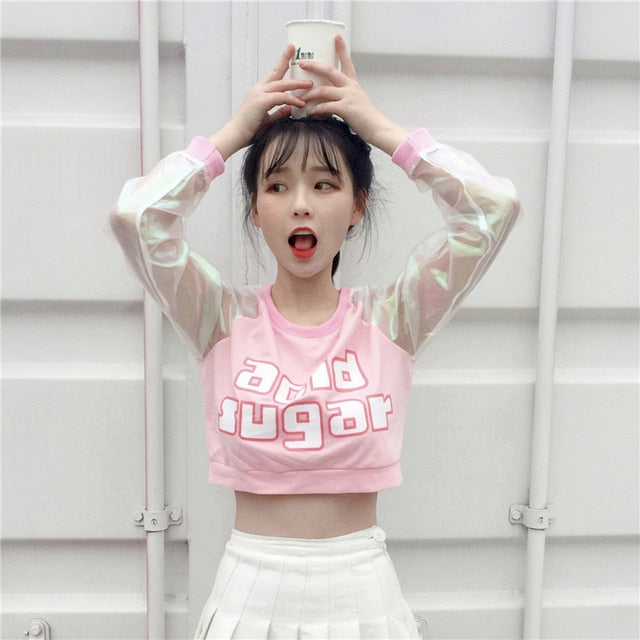 Harajuku Kawaii Patchwork Letter Laser Sleeves Ulzzang Shirt