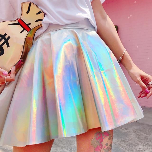 Plissee Röcke Frauen PU Solide Harajuku Casual Sexy Laser Hight Taille Mini Kurze Röcke Frauen Regenbogen