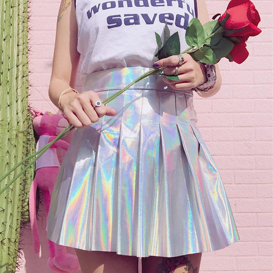Pleated Skirts Women PU Solid Harajuku Casual Sexy Laser Hight Waist Mini Short Skirts Women Rainbow