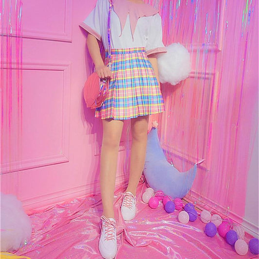 Harajuku Plaid Pleated Skirt High Waist Casual Rainbow A-Line Skirt Female Bottoms Midi Skirt