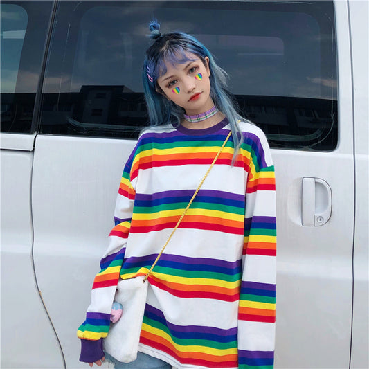美しい韓国オルチャン原宿レインボーストライプシャツ