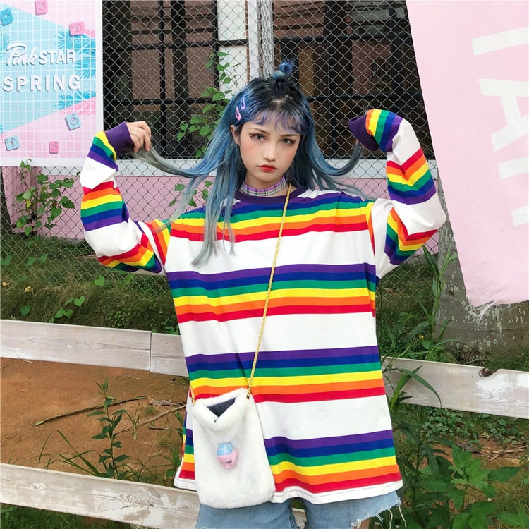 Aesthetic Korean Ulzzang Harajuku Rainbow Striped Shirt
