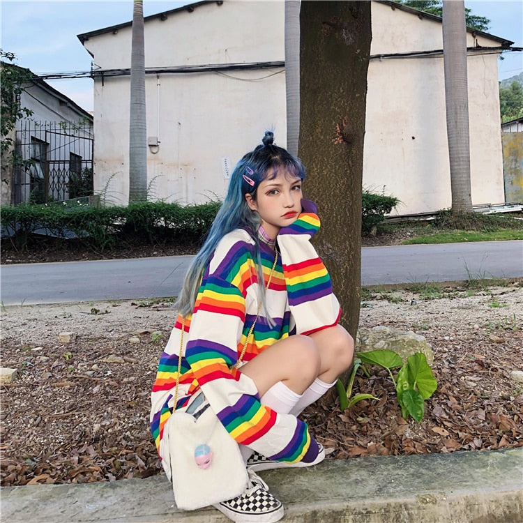 Aesthetic Korean Ulzzang Harajuku Rainbow Striped Shirt