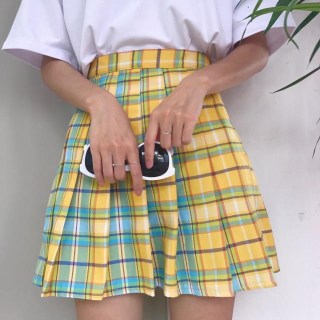 Harajuku Plaid Pleated Skirt High Waist Casual Rainbow A-Line Skirt Female Bottoms Midi Skirt