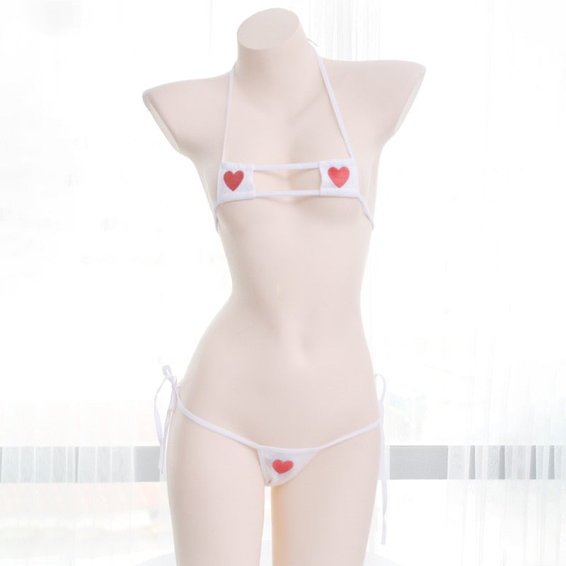 Sexy kawaii Lingerie Anime Heart Embroidery  Shimapan Bows Bikini Set