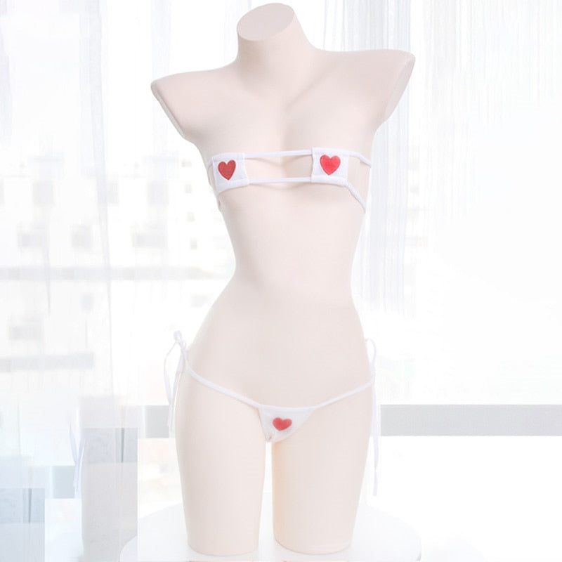 Sexy kawaii Lingerie Anime Heart Embroidery  Shimapan Bows Bikini Set