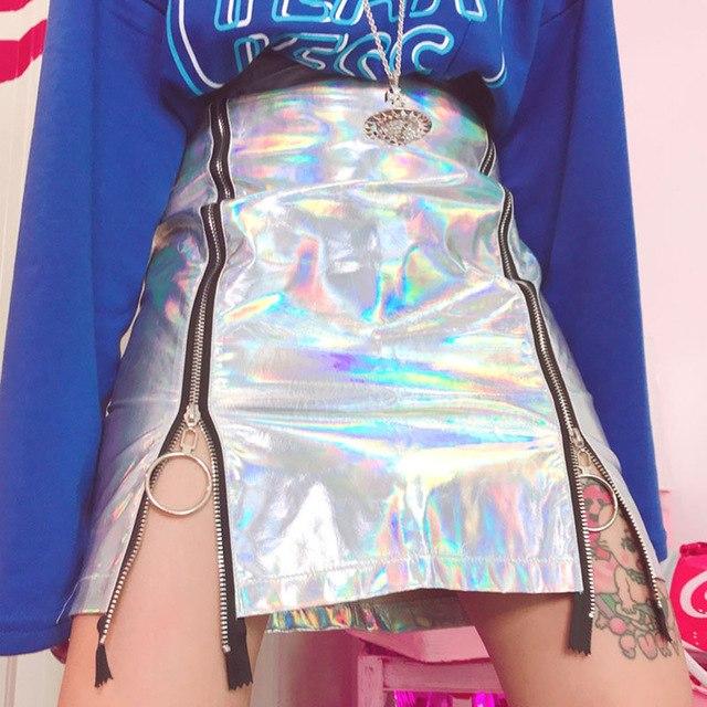 Ulzzang Solider PU-Lederrock mit hoher Taille, Laser-A-Linien-Reißverschluss, Vintage-Rock