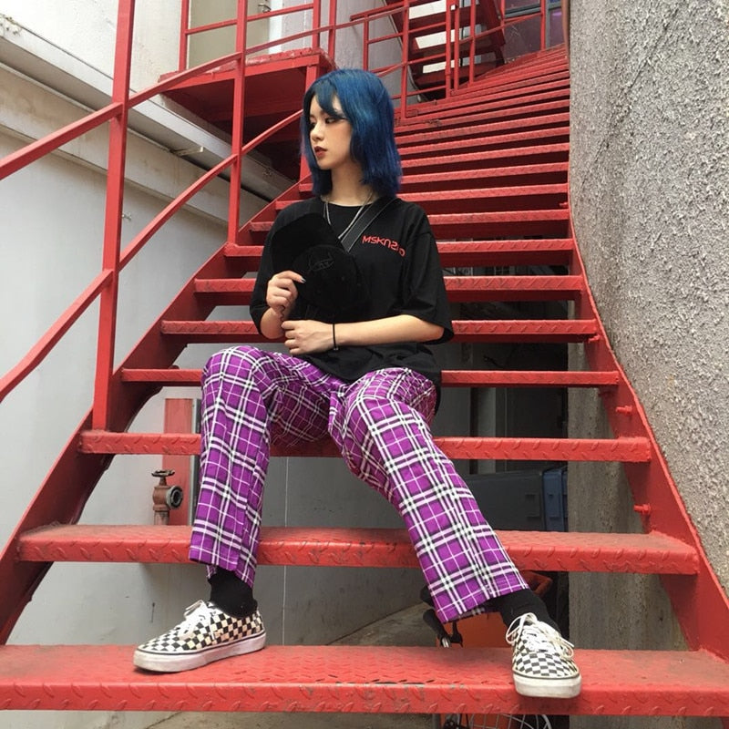 Harajuku BF Wind Loose Retro Grid Vintage Plaid Trousers