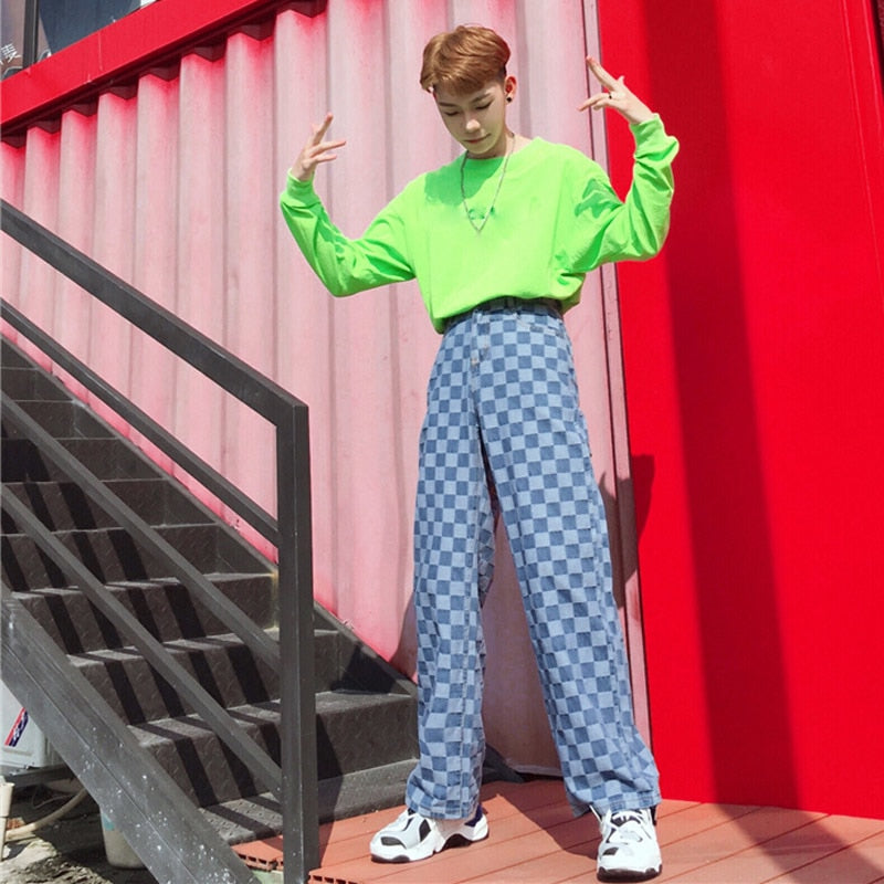 Couple Harajuku Plaid Straight Grid Streetwear Hip Hop Pants