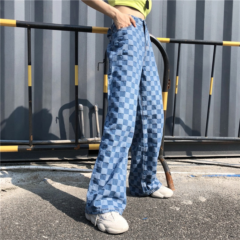 Couple Harajuku Plaid Straight Grid Streetwear Hip Hop Pants
