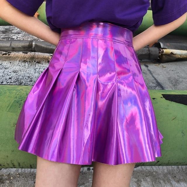 Plissee Röcke Frauen PU Solide Harajuku Casual Sexy Laser Hight Taille Mini Kurzen Rock