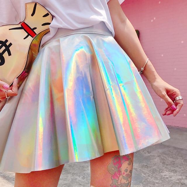 Plissee Röcke Frauen PU Solide Harajuku Casual Sexy Laser Hight Taille Mini Kurzen Rock