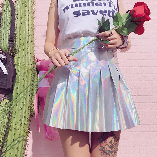 Plissee Röcke Frauen PU Solide Harajuku Casual Sexy Laser Hight Taille Mini Kurzen Rock