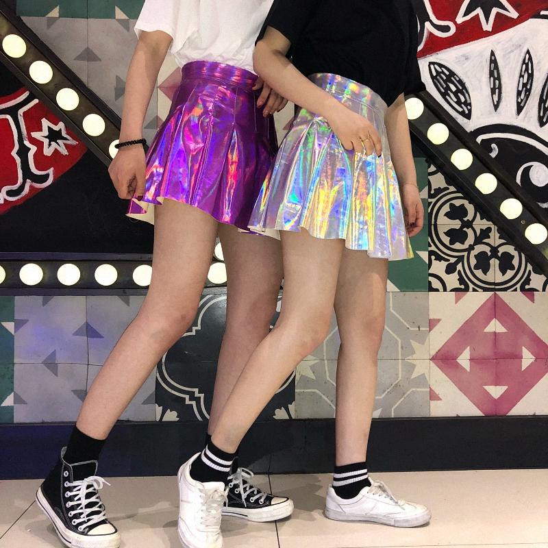 Plissee Röcke Frauen PU Solide Harajuku Casual Sexy Laser Hight Taille Mini Kurzen Rock