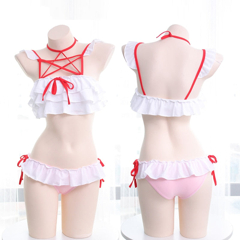 Kawaii Girls Hexagram Tie Ruffles Trim Swimwear Swimsuit Sukumizu Cute Bikini Set Color Pink & White Patchwork