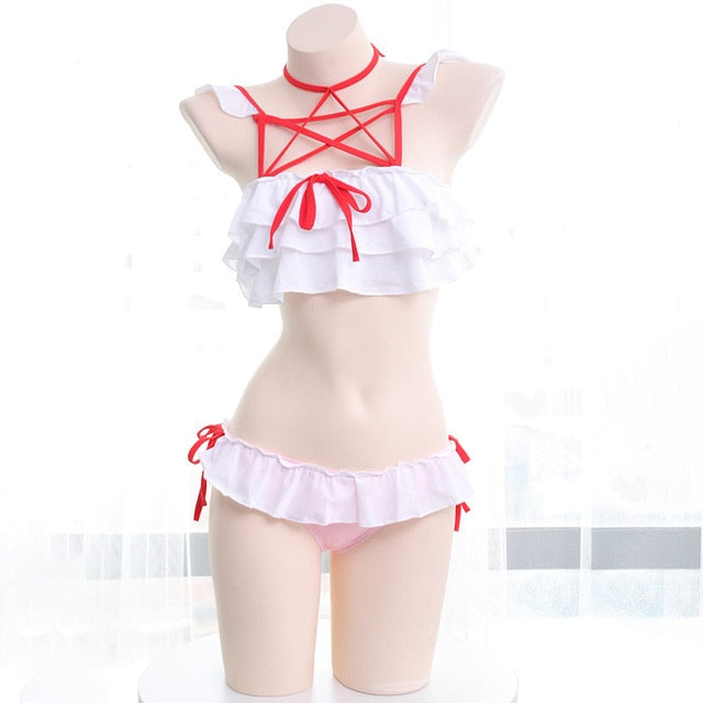 Kawaii Girls Hexagram Tie Ruffles Trim Swimwear Swimsuit Sukumizu Cute Bikini Set Color Pink & White Patchwork