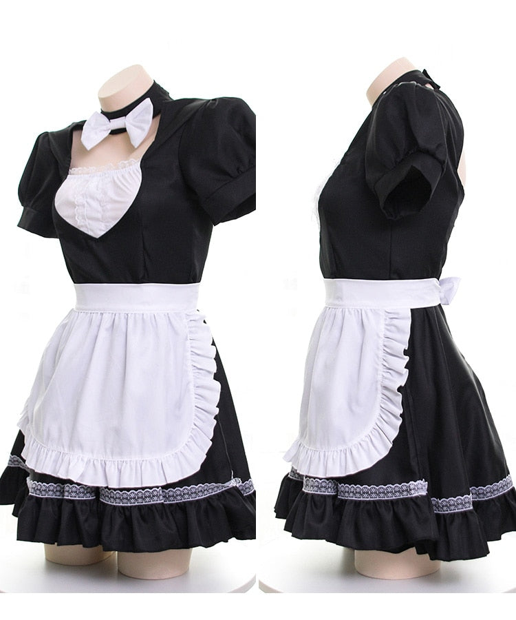 Sexy Kawaii Anime Cute Bow Neck Backless Maid Dress Cosplay Set Headband & Dress & Apron & Cuff 4PCS Set