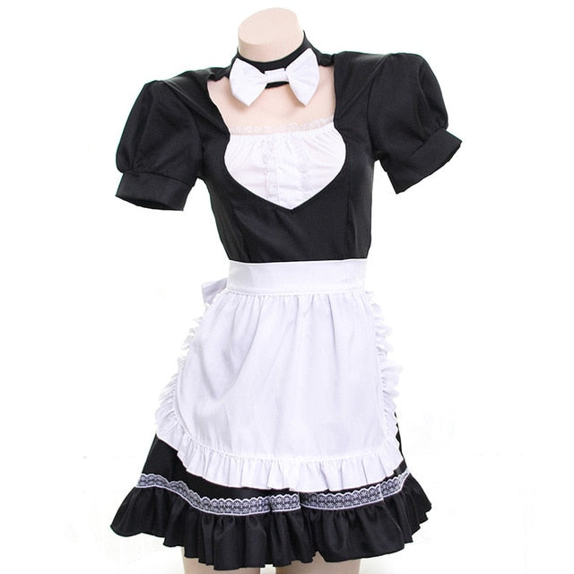 Sexy Kawaii Anime Cute Bow Neck Backless Maid Dress Cosplay Set Headband & Dress & Apron & Cuff 4PCS Set