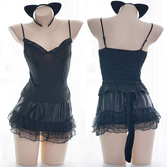 Sexy süßes schwarzes Katzenmädchen-Ohrenschwanz-Stirnband Kawaii japanisches Dienstmädchenkleid - 3-teiliges Set