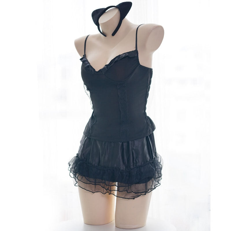 Sexy Cute Black Cat Girl Ears Tail Headband Kawaii Japanese Maid Dress - 3PCS Set