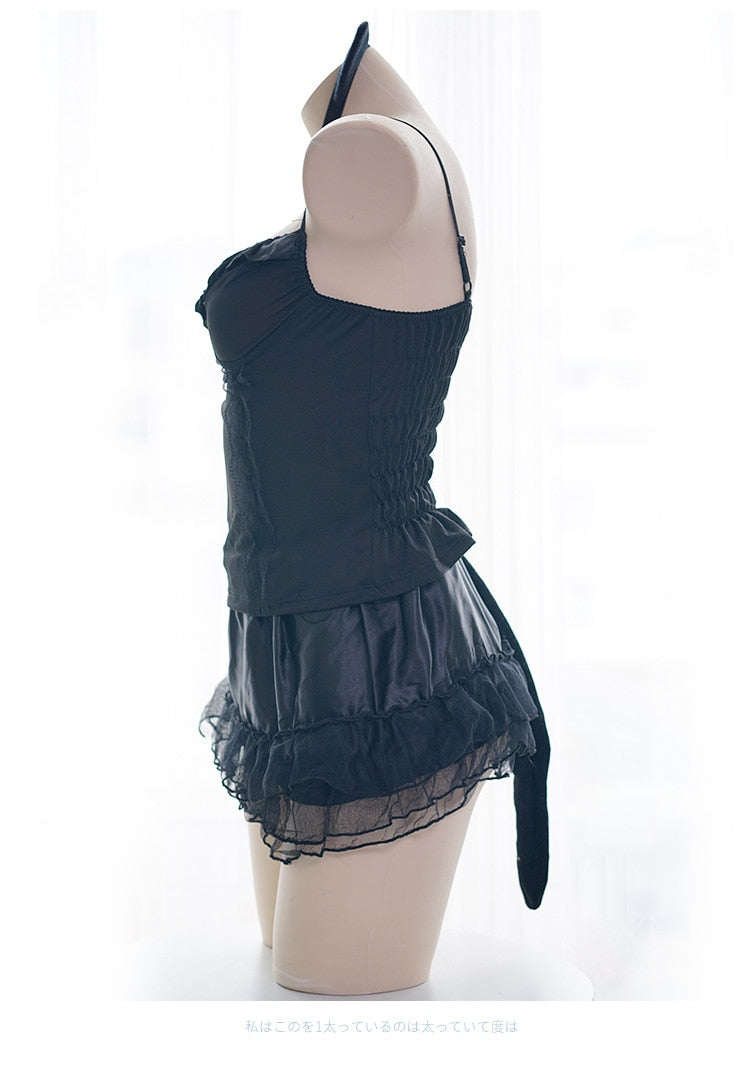Sexy Cute Black Cat Girl Ears Tail Headband Kawaii Japanese Maid Dress - 3PCS Set