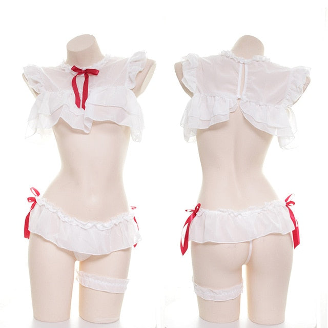 Japanese School Girl Red Ribbon Chiffon Sexy Kawaii Ruffle Anime Sheer Lingerie Set