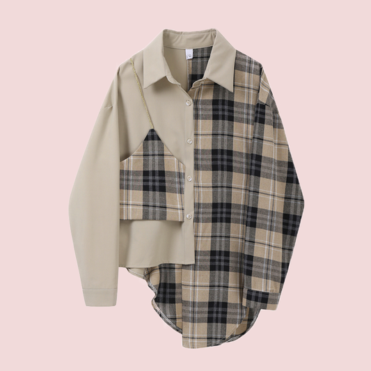 Plaid fake two-piece stitching long-sleeved top