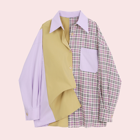 Plaid stitching contrast long-sleeved shirt